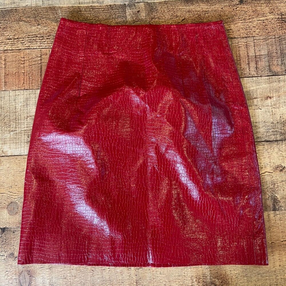 Porridge Anthropologie NEW with flaw Red Faux Snakeskin Mini Skirt XS Shiny - Picture 8 of 10